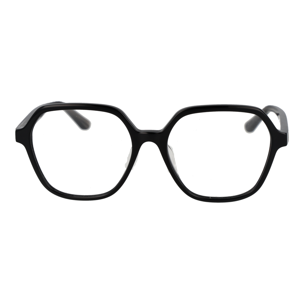 Unisex black geometric plastic eyeglasses with gold symbols on temples, modern angular frame visible from front
