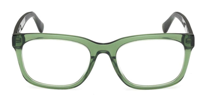 Transparent green full-rim rectangular eyeglasses in plastic with textured temple tips, modern unisex design