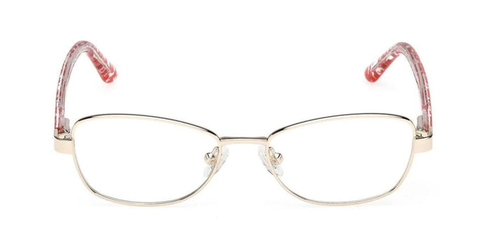 Gold rectangular eyeglasses with patterned red and white plastic temple arms on white background