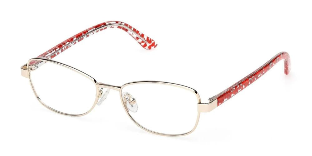 Gold rectangular eyeglasses with patterned red and white plastic temple arms on white background