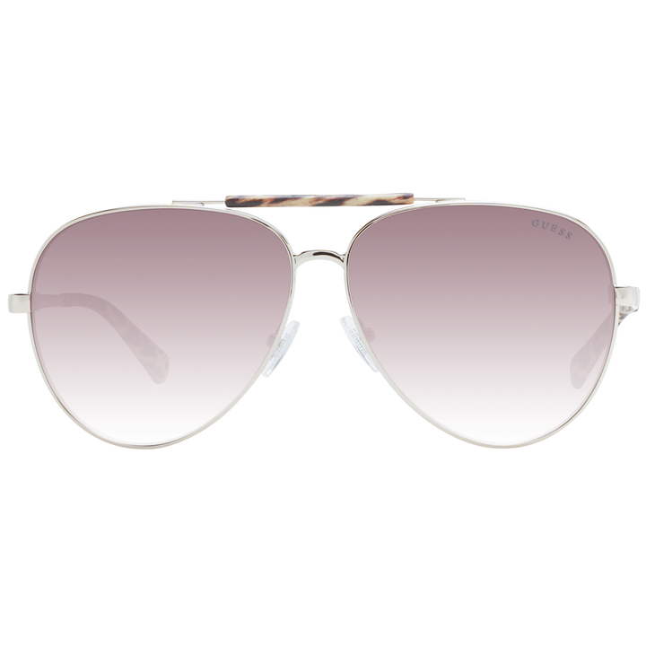 Silver aviator sunglasses with purple gradient lenses and tortoiseshell top bar and temple tips on white background