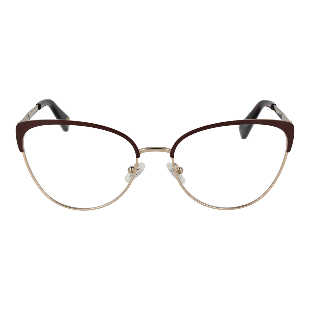 Gold metal cat-eye eyeglasses with thin black temples and adjustable nose pads on neutral background
