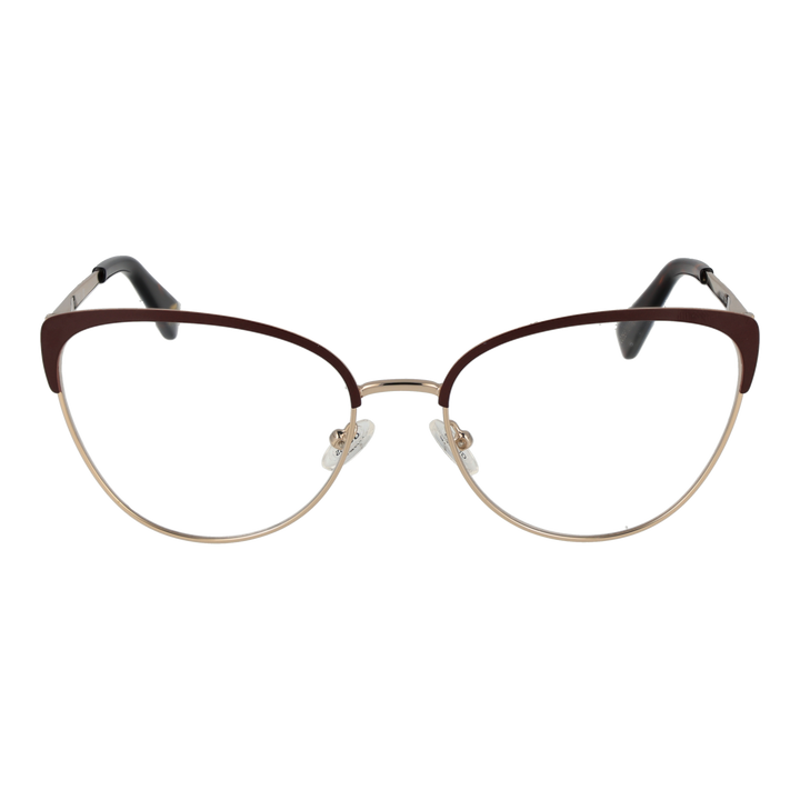 Gold metal cat-eye eyeglasses with thin black temples and adjustable nose pads on neutral background