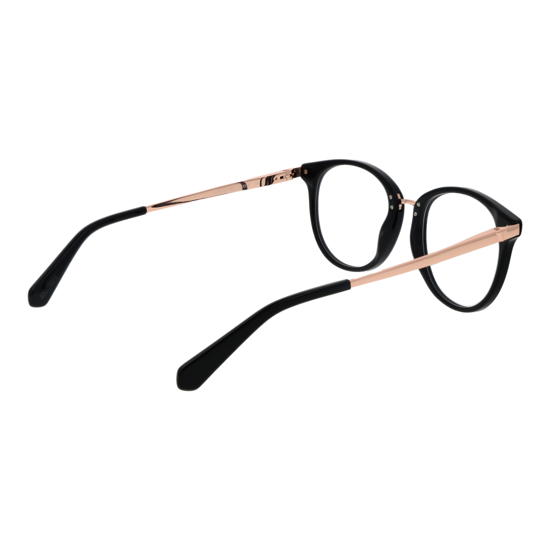 Unisex black and rose-gold round eyeglasses with thin metal temples and plastic temple tips on white background