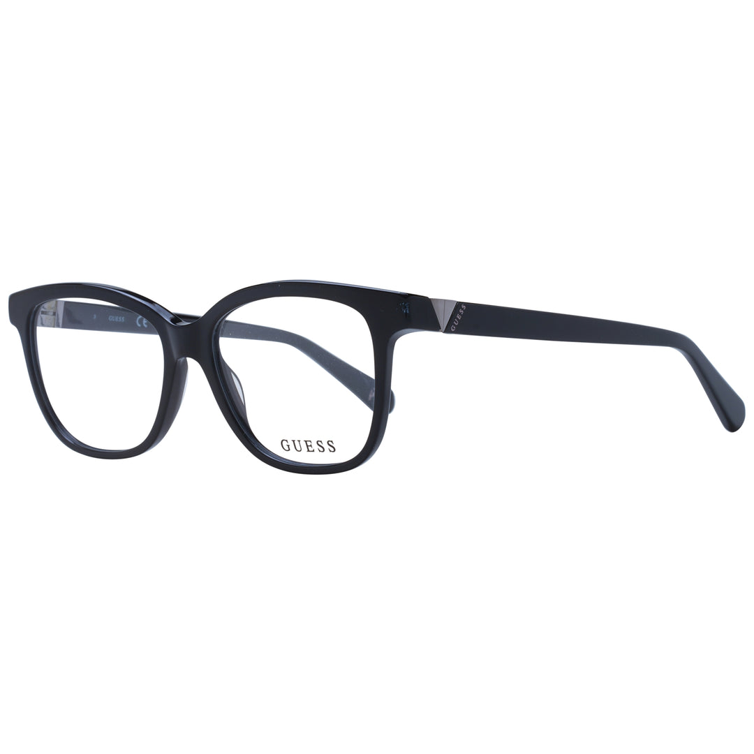 Unisex black plastic rectangular eyeglasses with full-rim frame and logo on temple, front three-quarter view