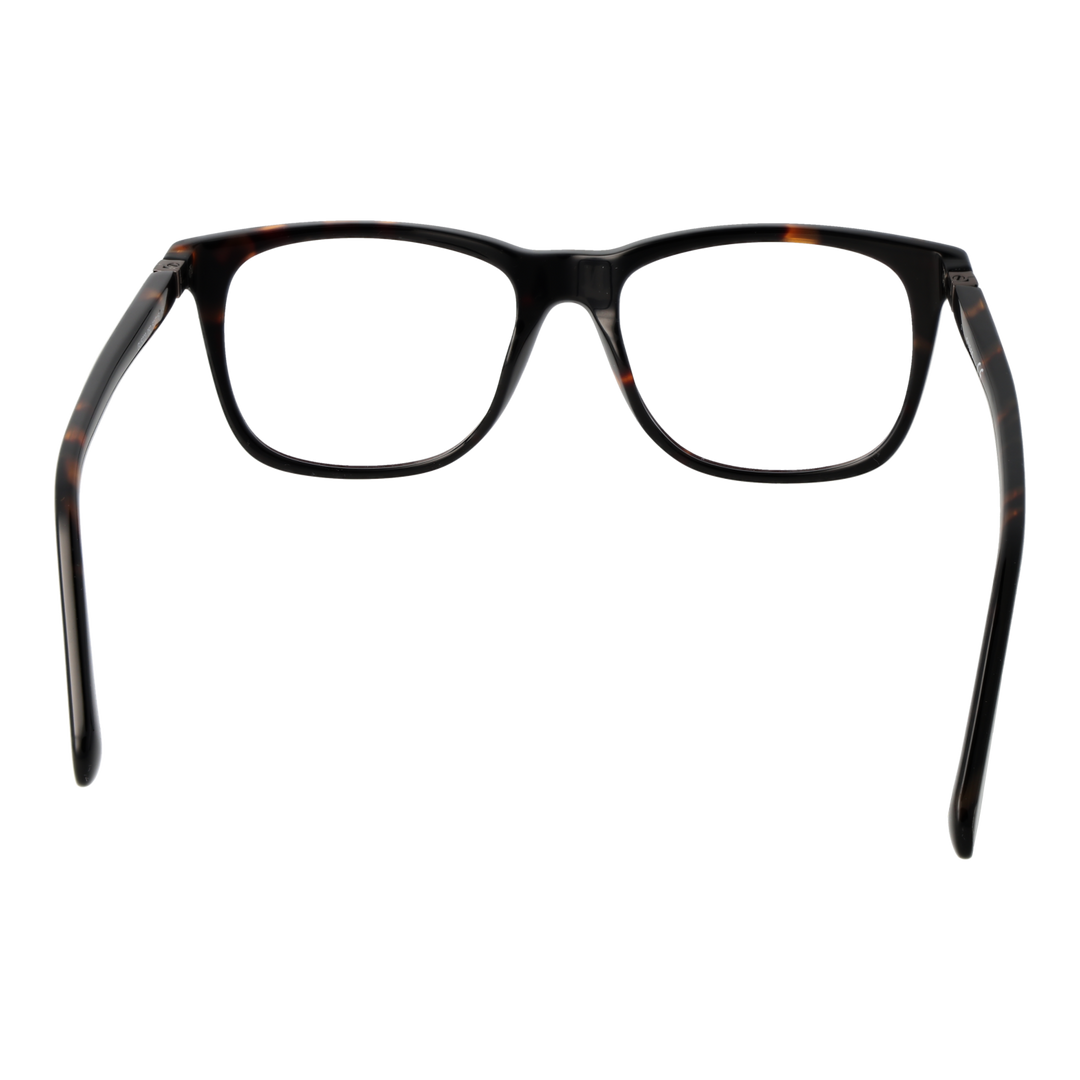 Unisex tortoise shell and black full-rim rectangular eyeglasses with metal hinge accents on neutral background