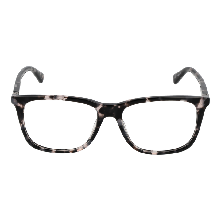 Black and white tortoiseshell full-rim rectangular eyeglasses with metal triangle temple detail, front three-quarter view