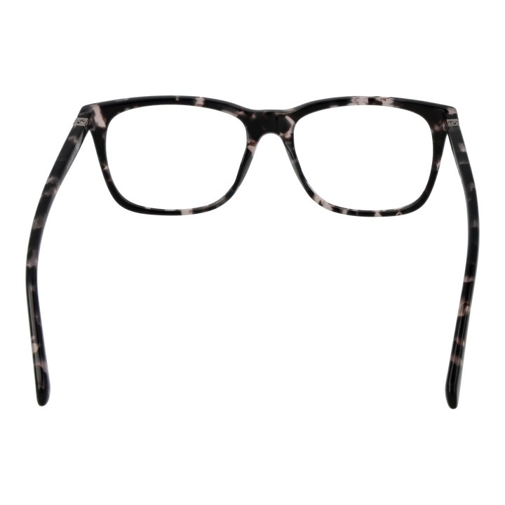 Black and white tortoiseshell full-rim rectangular eyeglasses with metal triangle temple detail, front three-quarter view