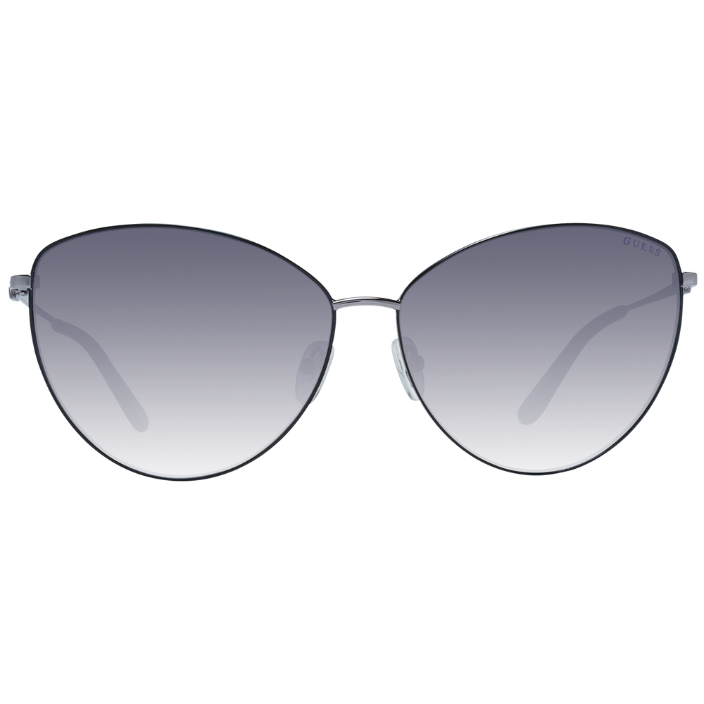 Gray gradient cat-eye sunglasses with thin metal frame and adjustable nose pads, angled view on white background