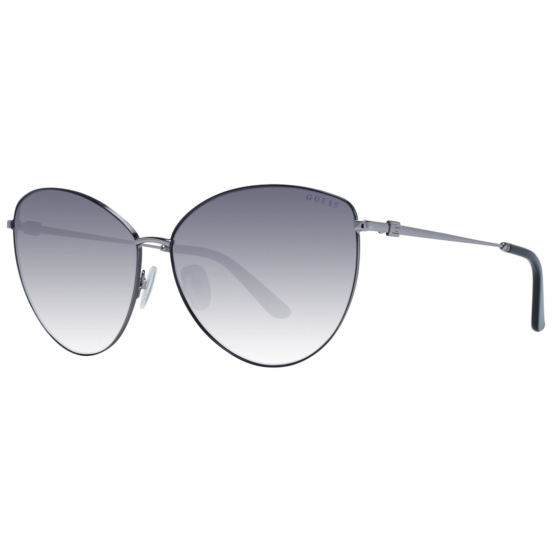 Gray gradient cat-eye sunglasses with thin metal frame and adjustable nose pads, angled view on white background