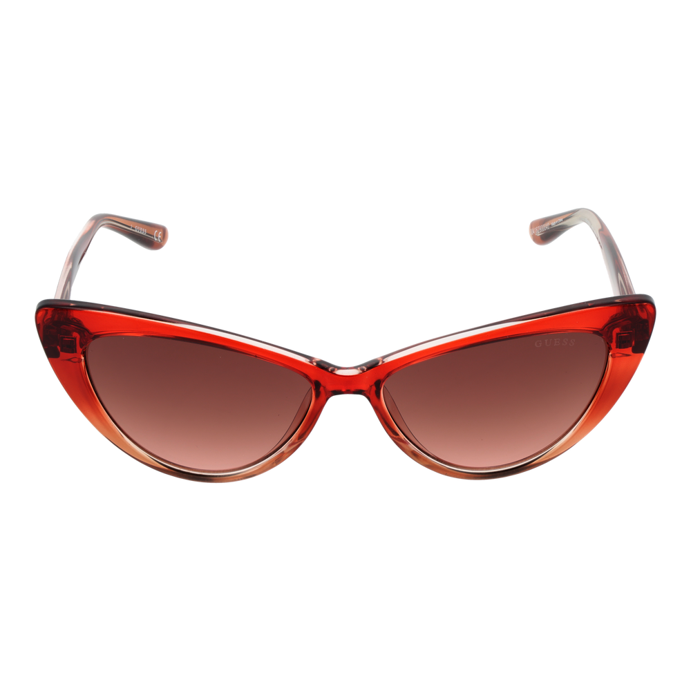 Transparent red cat-eye sunglasses in plastic with gradient lenses shown at three-quarter angle