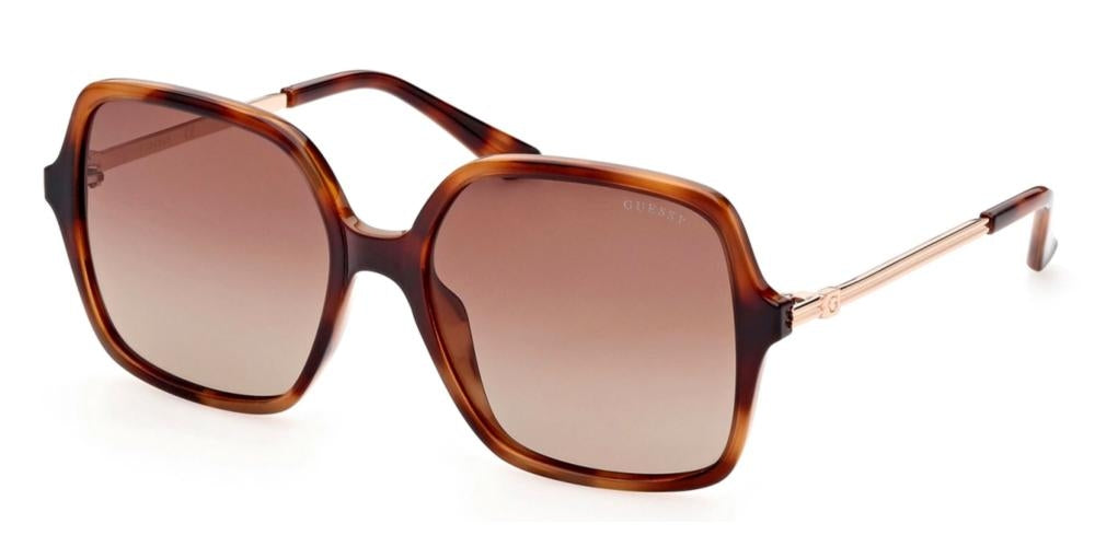 Brown oversized square sunglasses with gradient lenses and metal temples, plastic temple tips, shown at three-quarter angle