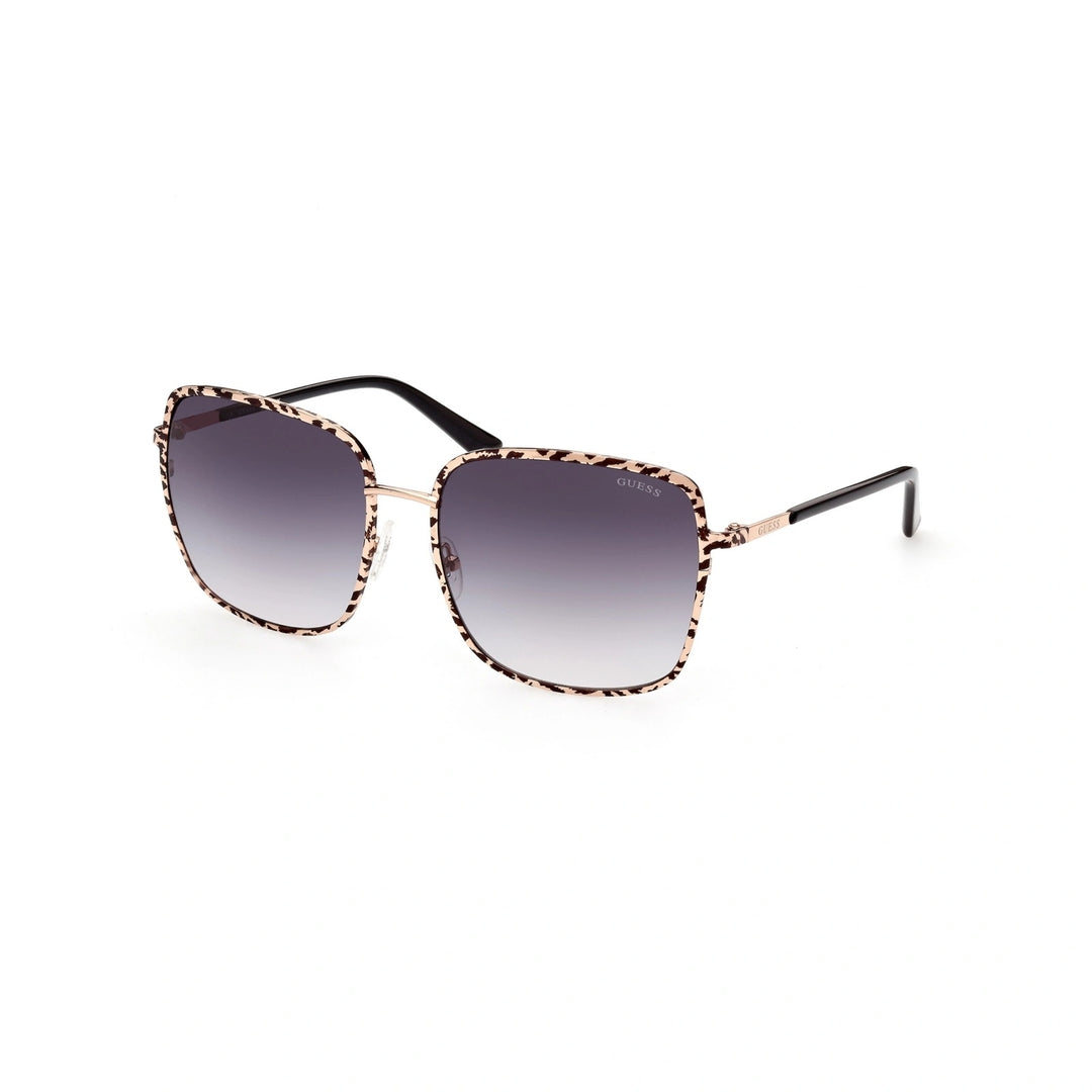 Beige and black patterned square sunglasses with gradient lenses and gold accents on a white background