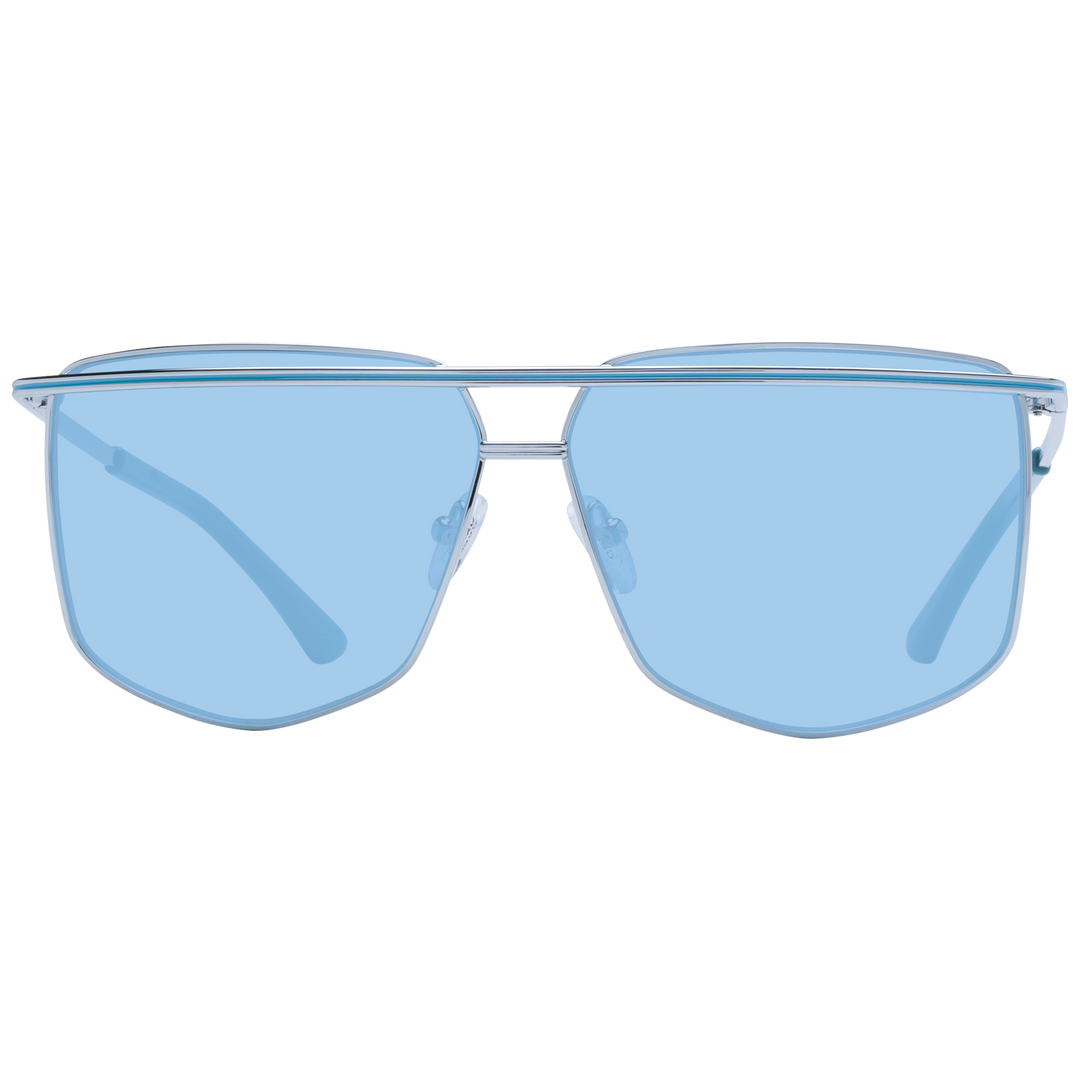 Light blue metal aviator sunglasses with square lenses, double bridge and adjustable nose pads on white background