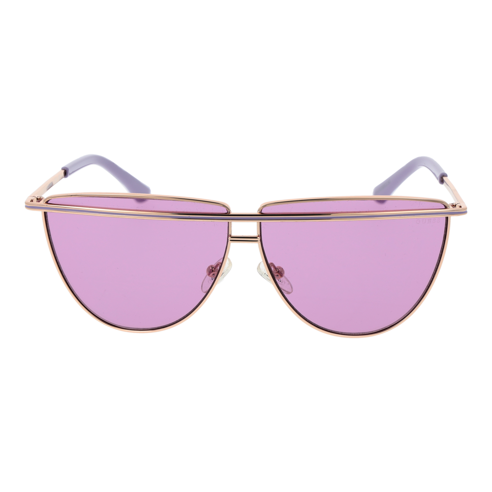 Purple and gold metal aviator sunglasses with double bridge and gradient lenses on white background