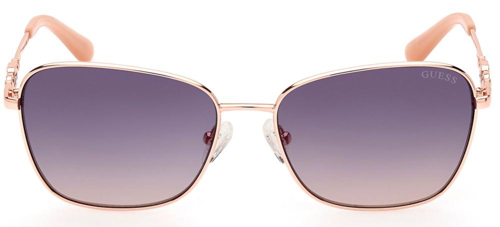 Rose-gold square sunglasses with purple gradient lenses and peach temple tips, metal frame and decorative G on temples