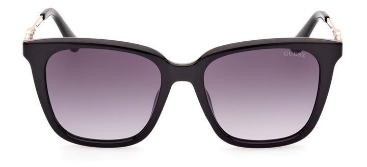 Black square sunglasses for Women with gradient lenses and rose-gold metallic arms, decorative detail visible