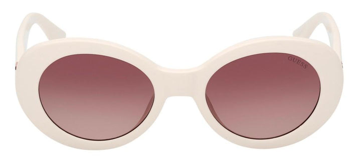 Off-white oval sunglasses with purple gradient lenses and decorative colored temples against neutral background