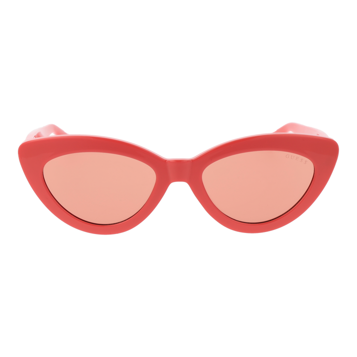 Coral pink cat-eye sunglasses with tinted lenses and decorative temples on white background