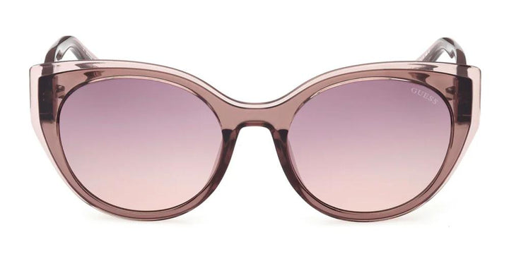 Pinkish purple retro cat-eye sunglasses on white background with gradient lenses and &
