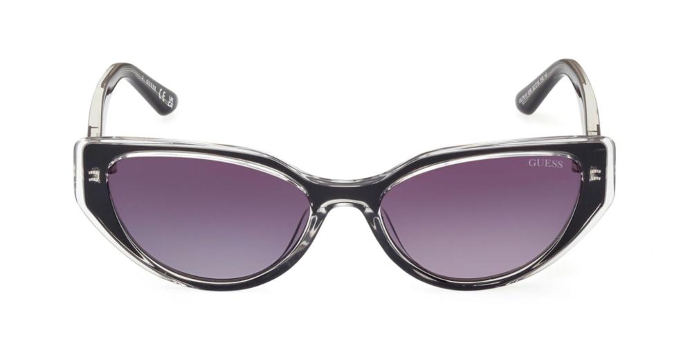 Black and clear cat-eye sunglasses with purple gradient lenses and logo temples, fashionable retro style for Women