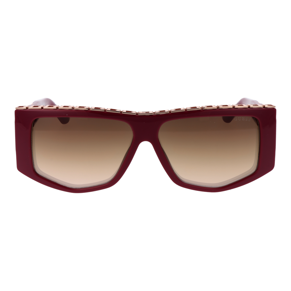 Burgundy rectangular sunglasses with gradient lenses and rose gold chain-like detail on temples