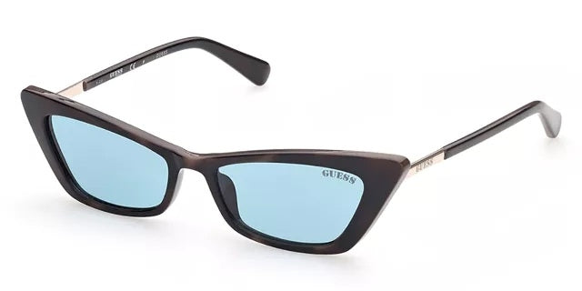 Black cat-eye sunglasses with light-blue lenses and gold accents, logo on lens and temples