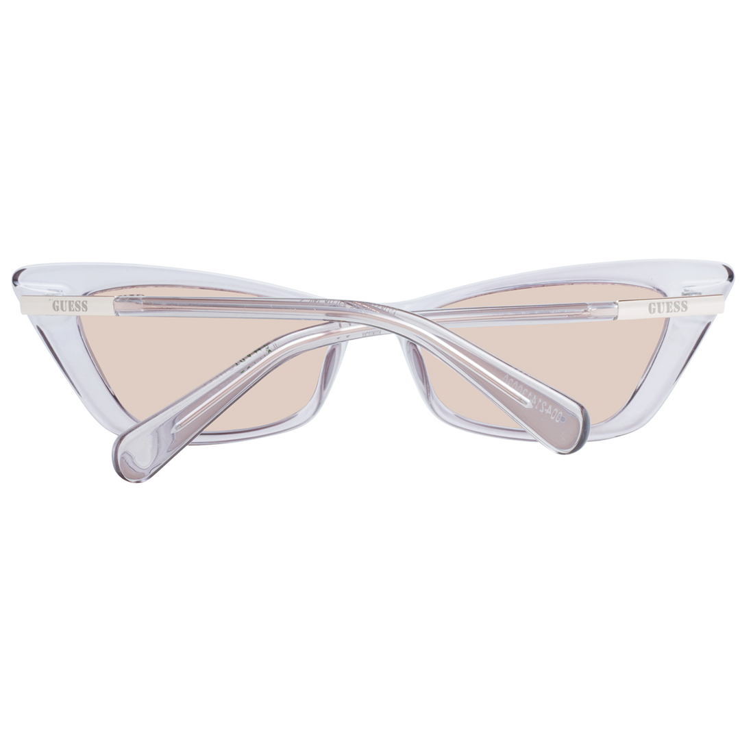 Transparent light purple cat-eye sunglasses with light pink lenses and logo on lens and temple