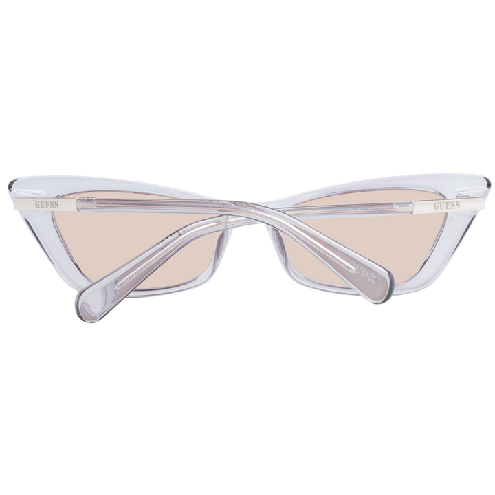 Transparent light purple cat-eye sunglasses with light pink lenses and logo on lens and temple
