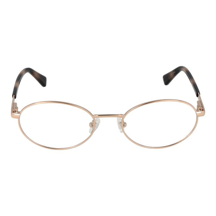 Unisex rose gold thin metal oval eyeglasses with black-brown gradient temple tips, adjustable nose pads
