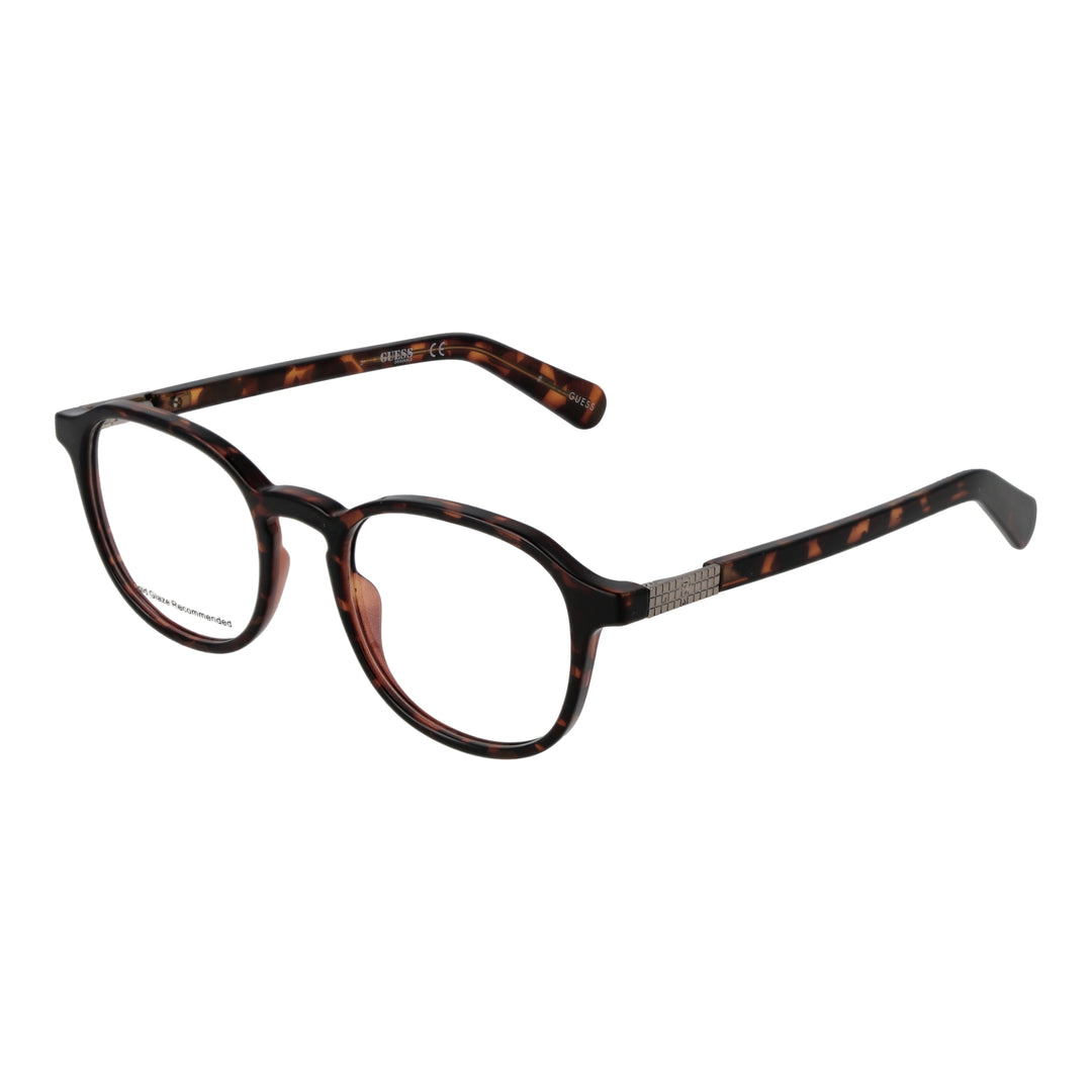 Unisex tortoise shell round eyeglasses in brown-black pattern with metal hinge details on temple