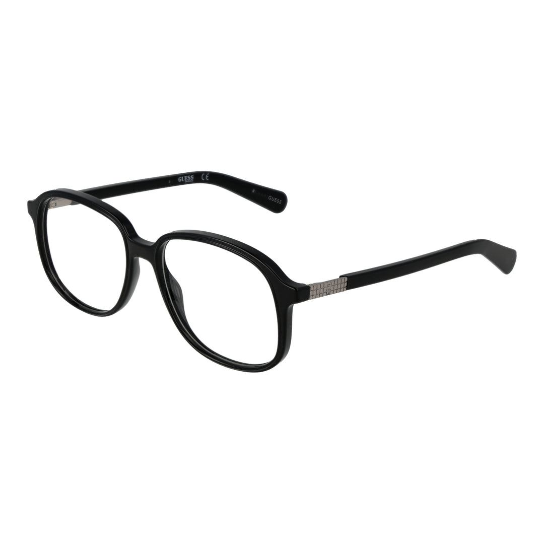 Black plastic rectangular eyeglasses with metallic hinge detail on temple, front view on white background