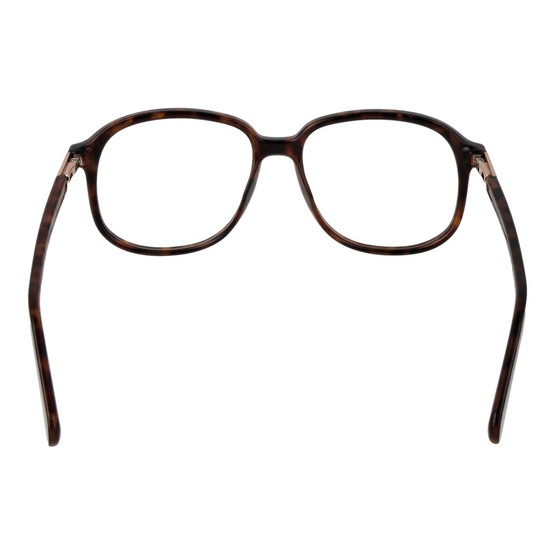 Unisex tortoise brown round eyeglasses with patterned temples and metallic accents, plastic frame frontal view