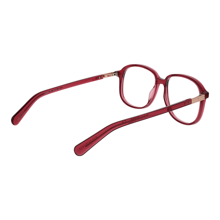 Dark red plastic square eyeglasses with transparent edges and gold hinge detail on temple