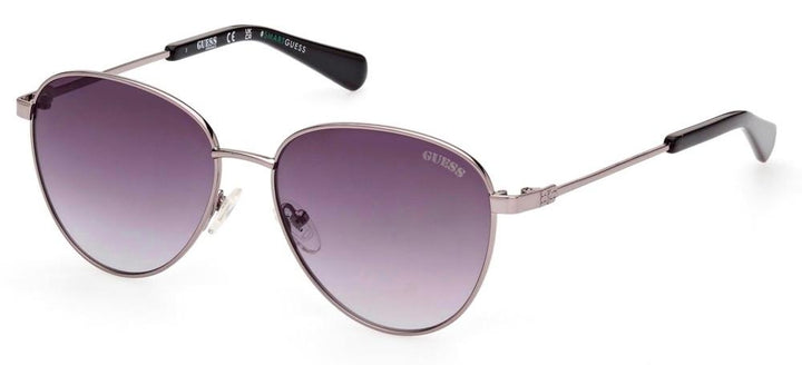 Silver aviator sunglasses with purple gradient lenses, black temple tips, red case and black case