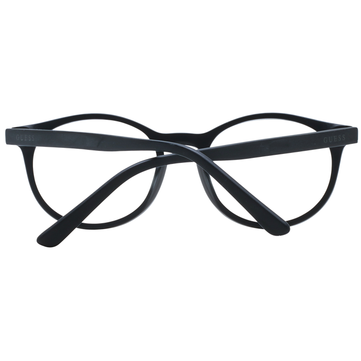 Unisex black round plastic eyeglasses with subtle metal dot accents near the hinges, front three-quarter view