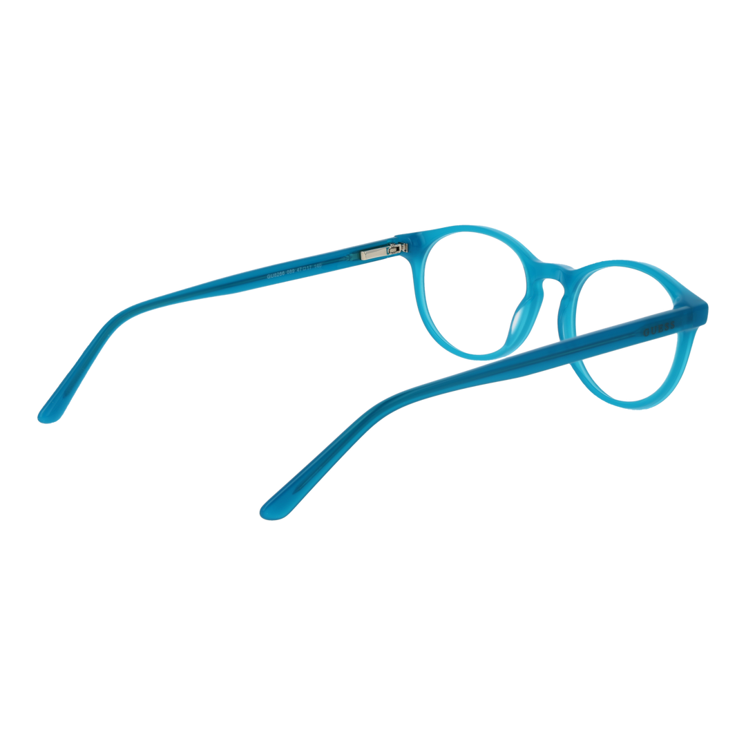 Unisex blue plastic round eyeglasses with small metal rivets near the hinges on a neutral background