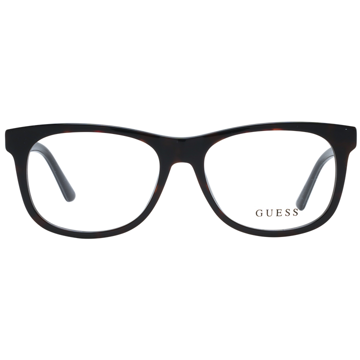 Guess Unisex dark tortoiseshell full-rim rectangular eyeglasses shown front and three-quarter angle highlighting branded temples
