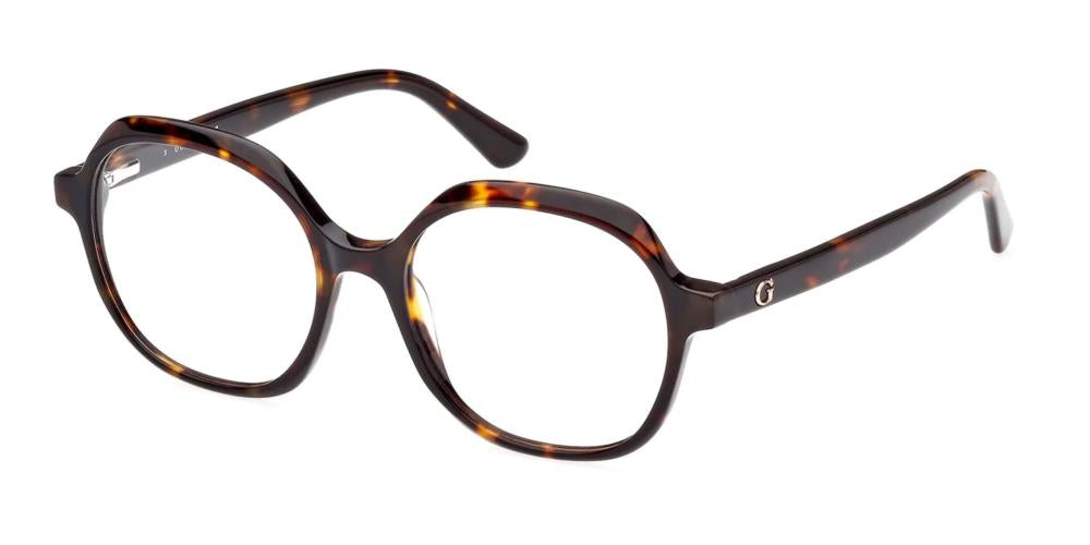 Unisex tortoiseshell round eyeglasses in brown and amber, thick plastic frame, metallic G on temple