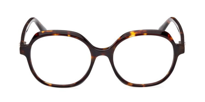 Unisex tortoiseshell round eyeglasses in brown and amber, thick plastic frame, metallic G on temple