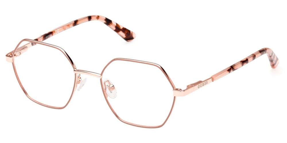 Rose gold hexagonal eyeglasses with thin metal frame and tortoiseshell patterned temple tips for Women
