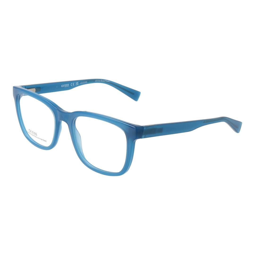 Transparent blue full-rim rectangular eyeglasses on white background, Unisex plastic frame, clear lenses