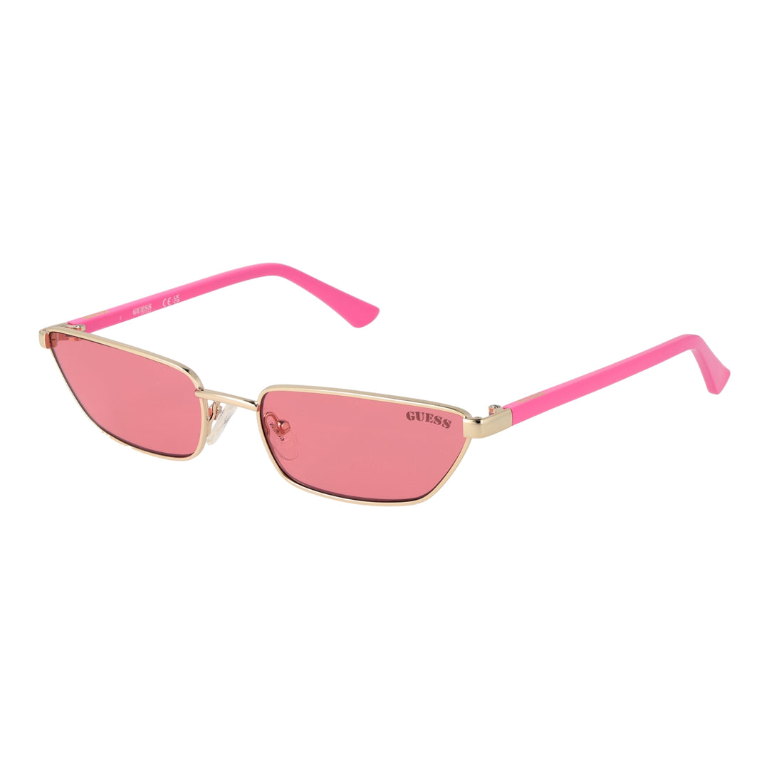 Gold thin metal rectangular sunglasses with pink lenses, adjustable nose pads, and plastic temple tips on neutral background
