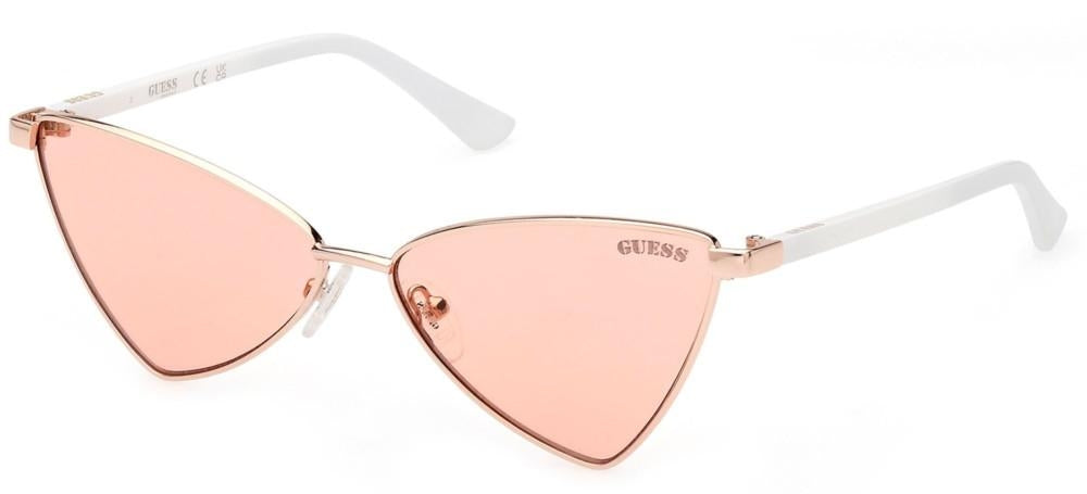 Gold cat-eye sunglasses with pink-white rims, triangular tinted lenses and thin metal frame on white background
