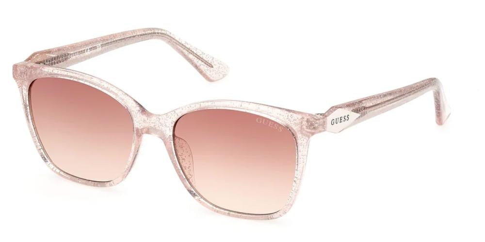 Pink square sunglasses with gradient lenses, glitter-embedded plastic frame and logo on temple