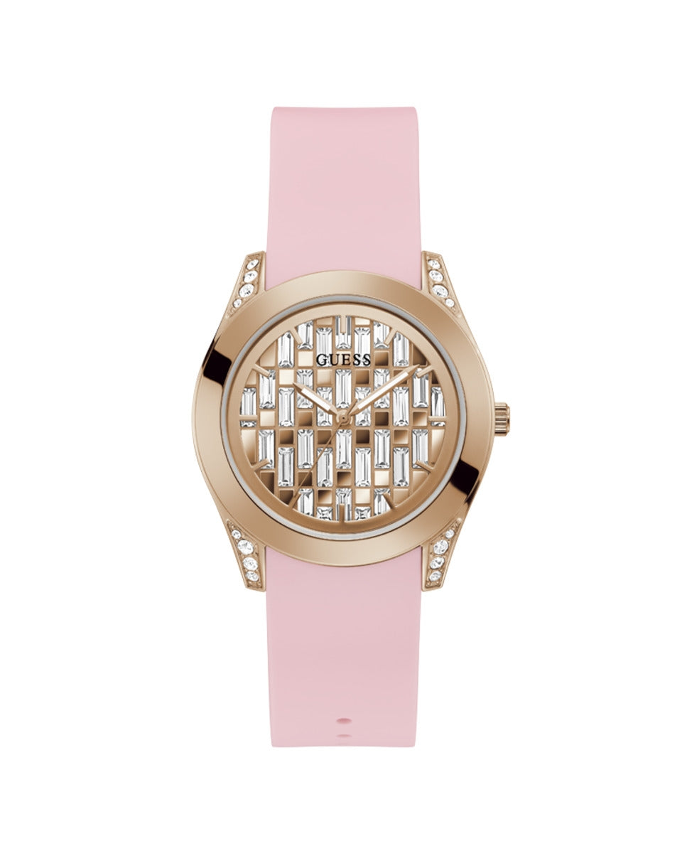 Rose gold wristwatch with light pink dial, crystal accents, and silicon fabric strap for Man