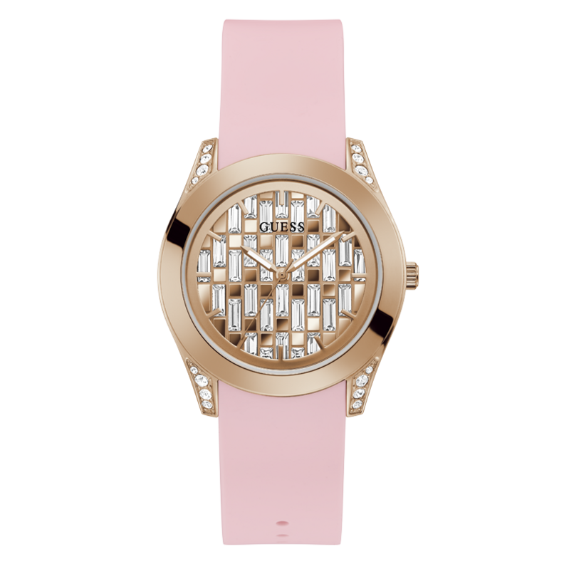 Rose gold wristwatch with light pink dial, crystal accents, and silicon fabric strap for Man