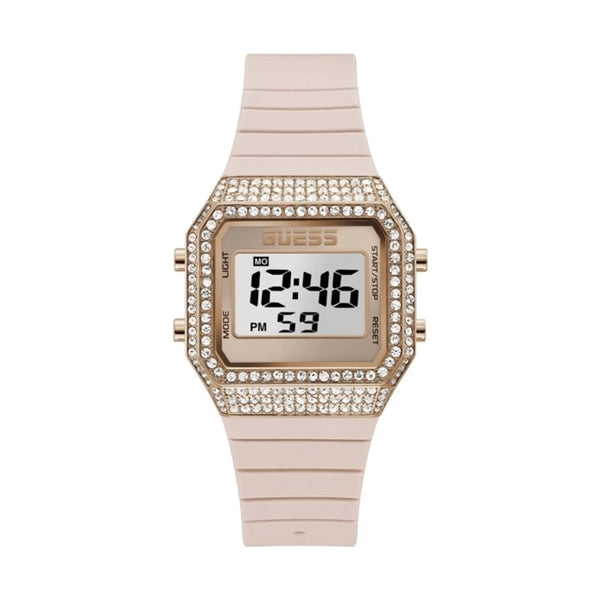 Guess digital watch for Man: rose-gold case, clear crystals, light-pink plastic strap, digital display