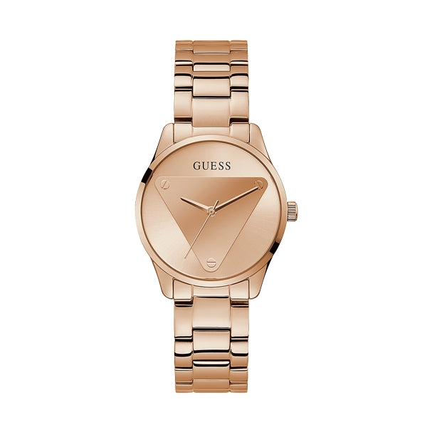 Rose gold stainless steel wristwatch on neutral background, 36mm case, mineral glass dial, adjustable bracelet