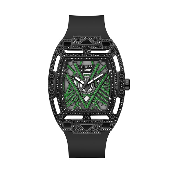 Unisex black watch with crystal-set case, geometric black dial and green accents, silicone strap